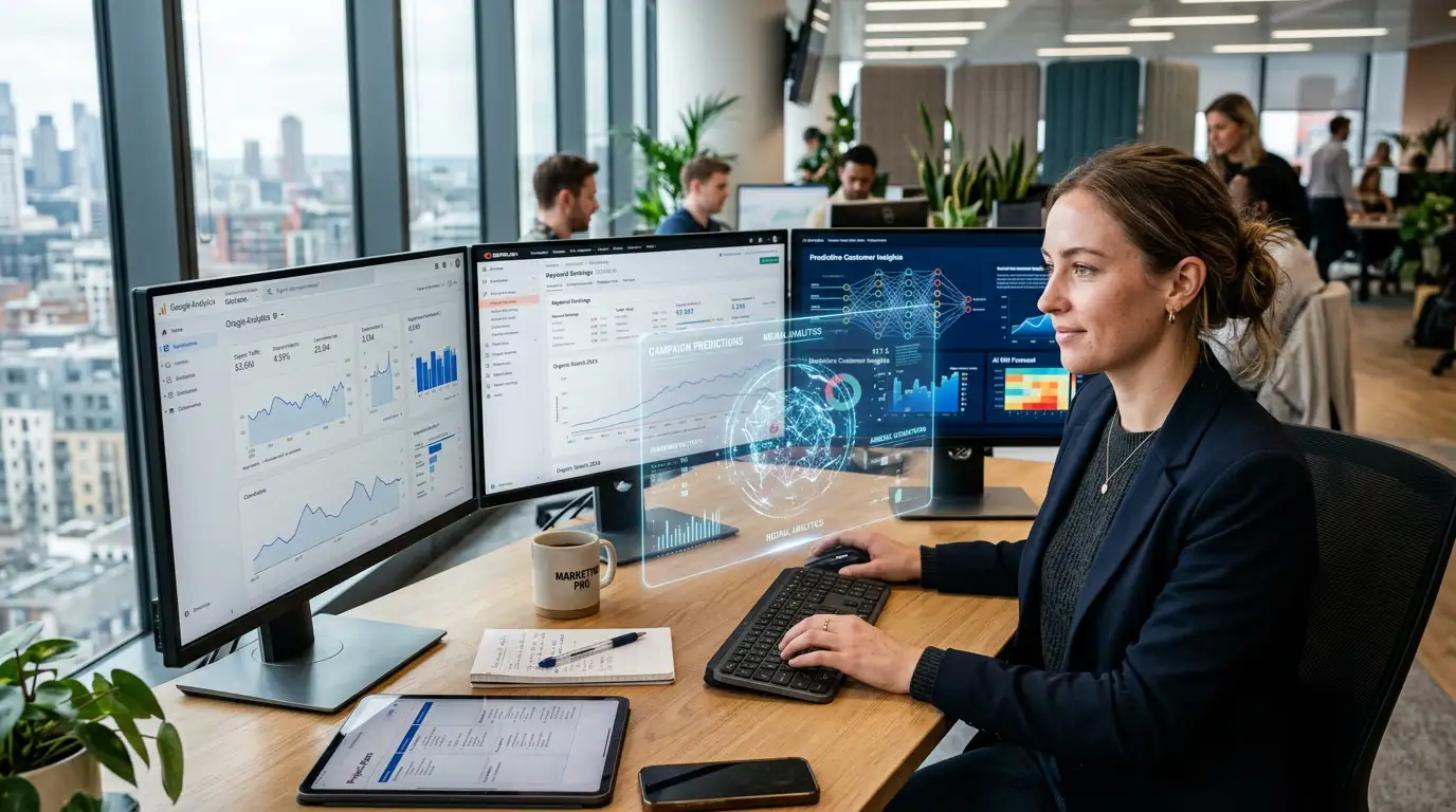 Ultra realistic professional photograph of a digital marketing analyst working at a desk in a modern office, two large monitors displaying real marketing dashboards, SEO graphs and campaign analytics, natural reflections on the screens, notebook, coffee mug and smartphone on the desk, warm evening light entering through large office windows, authentic corporate environment, realistic skin texture and natural imperfections, shot with a full-frame professional camera, 50mm lens, f/1.8 aperture, shallow depth of field, cinematic natural lighting, editorial business photography, extremely detailed, indistinguishable from a real photograph
