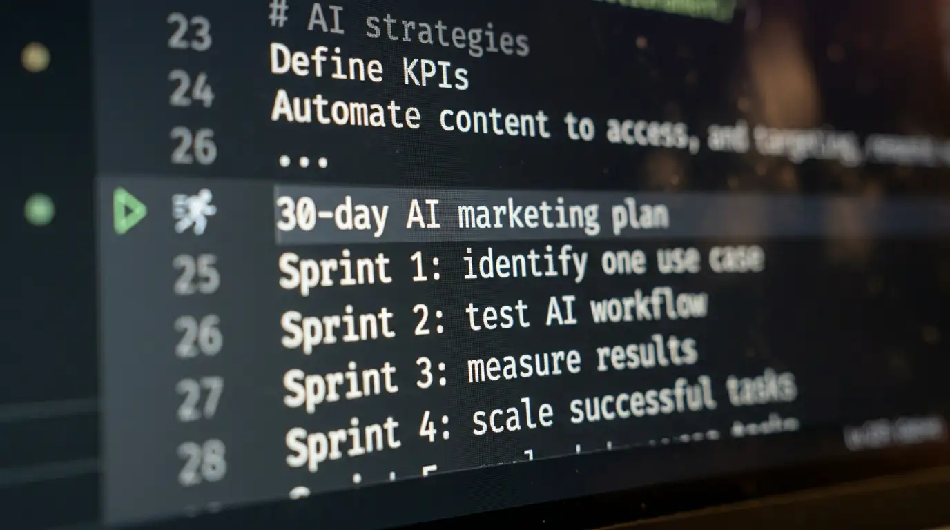 Macro fotografia de ecrã com prompt de inteligência artificial para plano de marketing digital de 30 dias