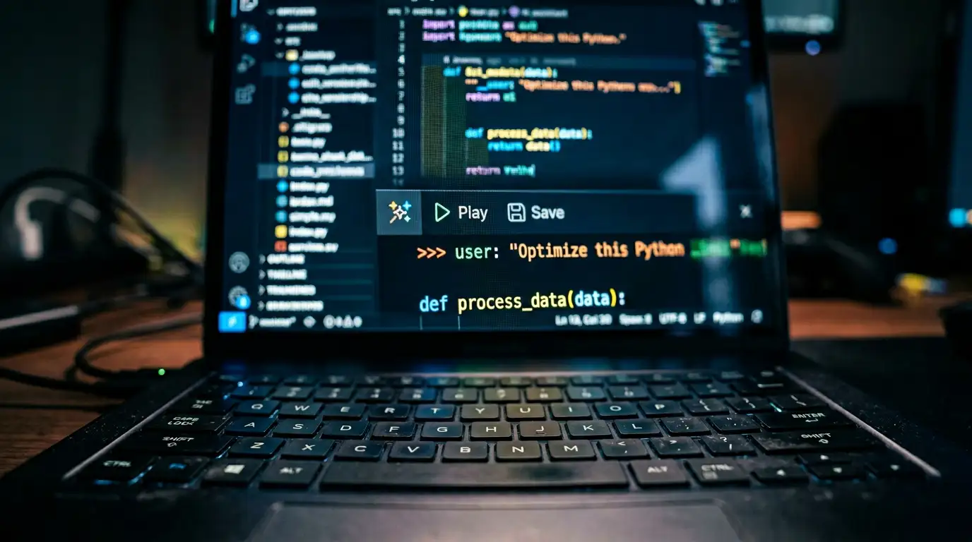 Macro fotografia de ecrã com prompt de inteligência artificial num editor de código com profundidade de campo reduzida